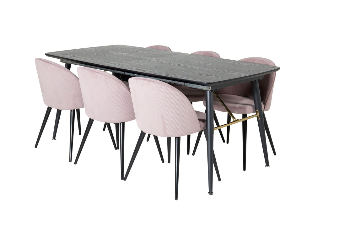 Venture Home Gold Extention table - 180/220*85*H76 Black Veneer - Black legs - Brass details+Velvet Dining Chair Corduroy - Pink / Black_6