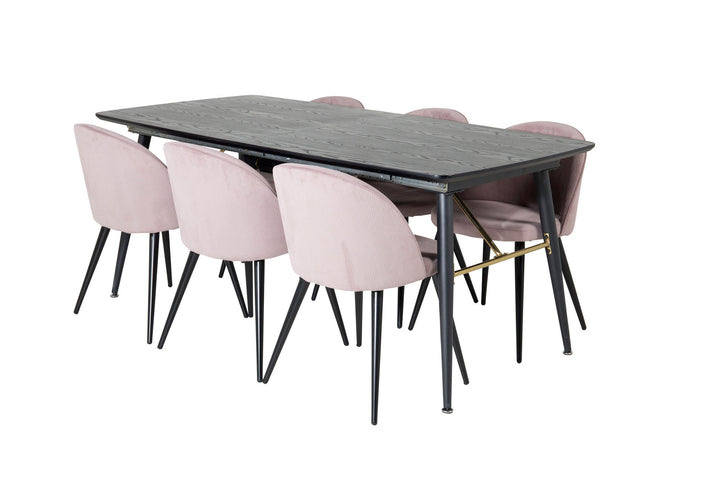 Venture Home Gold Extention table - 180/220*85*H76 Black Veneer - Black legs - Brass details+Velvet Dining Chair Corduroy - Pink / Black_6