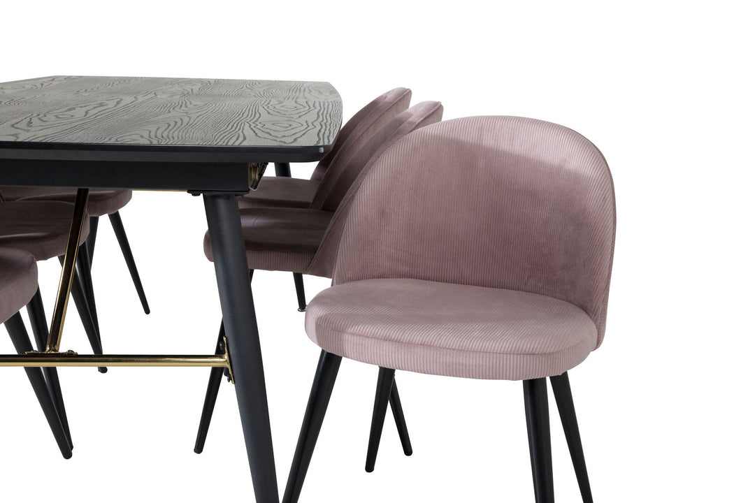 Venture Home Gold Extention table - 180/220*85*H76 Black Veneer - Black legs - Brass details+Velvet Dining Chair Corduroy - Pink / Black_6