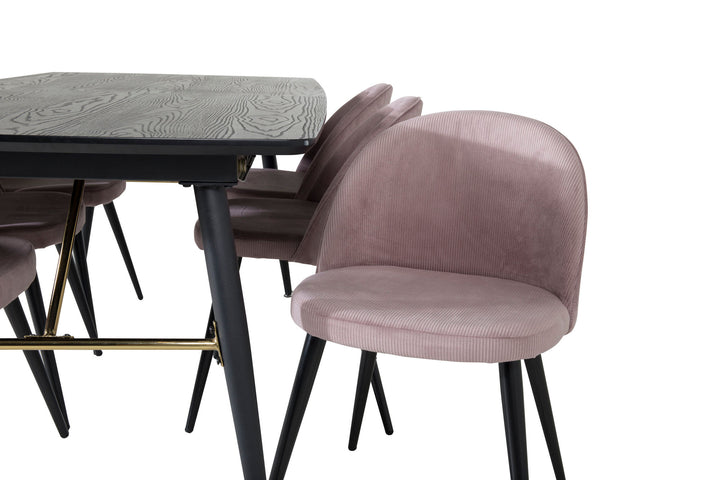 Venture Home Gold Extention table - 180/220*85*H76 Black Veneer - Black legs - Brass details+Velvet Dining Chair Corduroy - Pink / Black_6