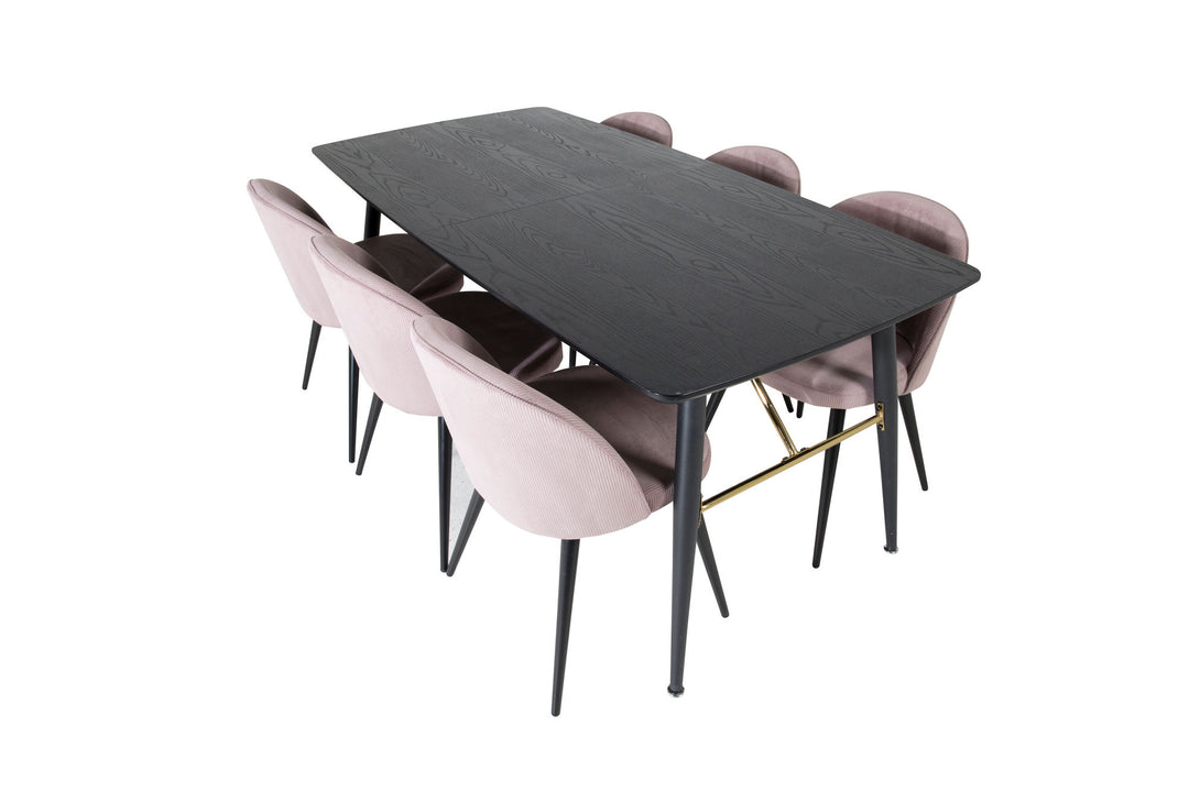 Venture Home Gold Extention table - 180/220*85*H76 Black Veneer - Black legs - Brass details+Velvet Dining Chair Corduroy - Pink / Black_6