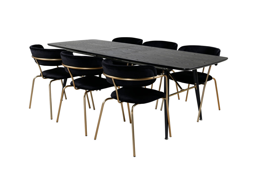 Venture Home Gold Extention table - 180/220*85*H76 Black Veneer - Black legs - Brass details - Arrow armchair - Brass Legs - Black Velvet 6