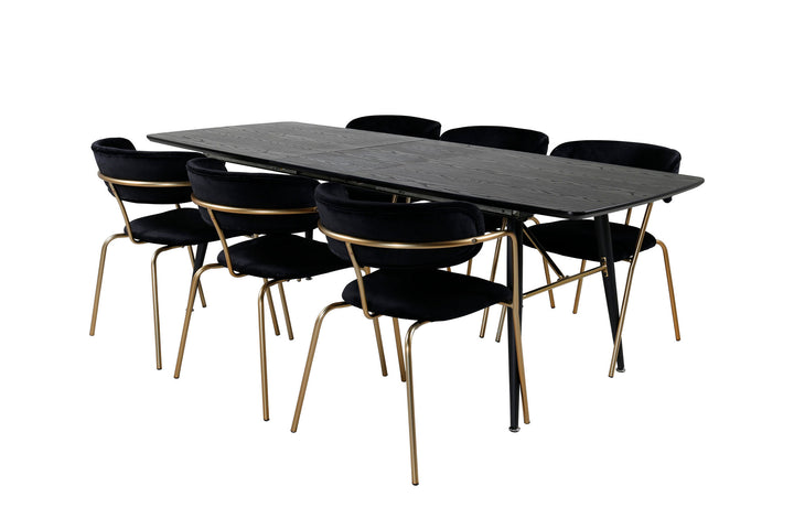 Venture Home Gold Extention table - 180/220*85*H76 Black Veneer - Black legs - Brass details - Arrow armchair - Brass Legs - Black Velvet 6