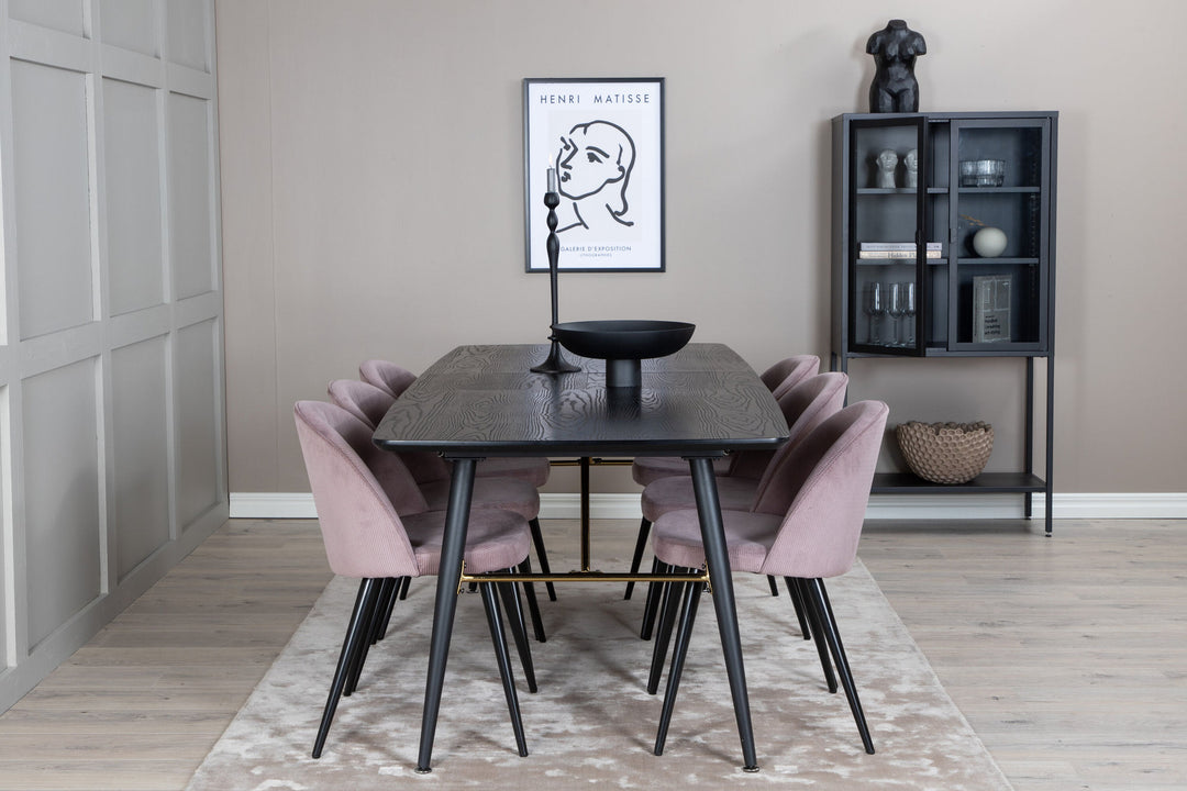 Venture Home Gold Extention table - 180/220*85*H76 Black Veneer - Black legs - Brass details+Velvet Dining Chair Corduroy - Pink / Black_6