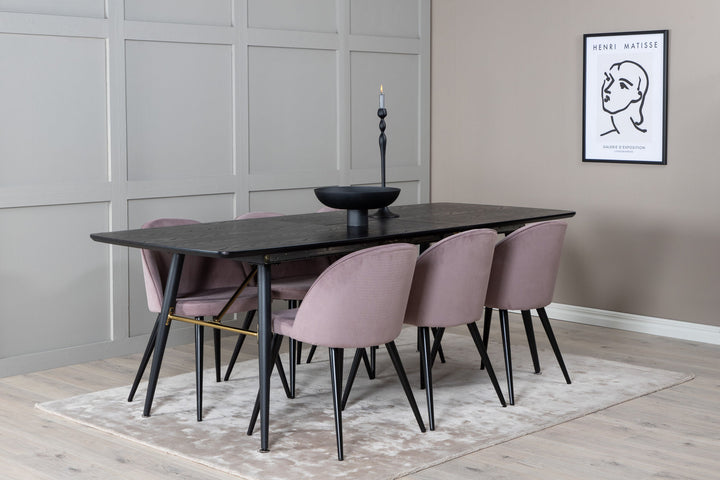 Venture Home Gold Extention table - 180/220*85*H76 Black Veneer - Black legs - Brass details+Velvet Dining Chair Corduroy - Pink / Black_6