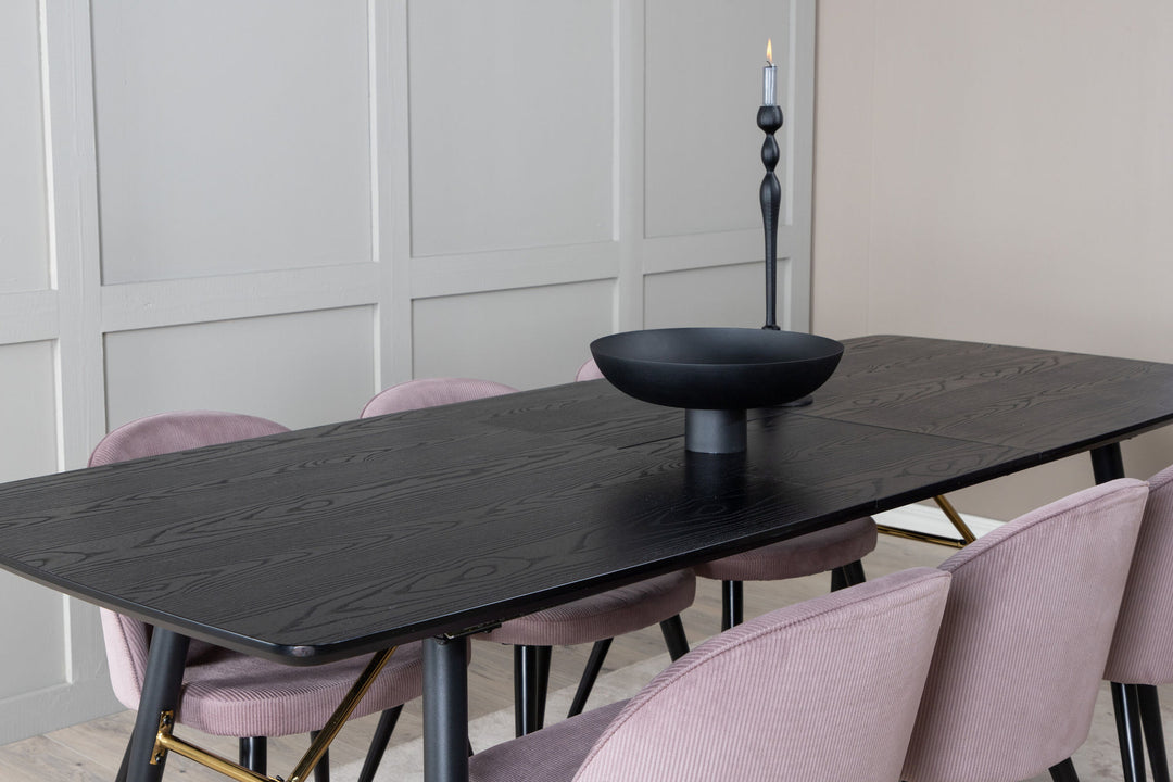 Venture Home Gold Extention table - 180/220*85*H76 Black Veneer - Black legs - Brass details+Velvet Dining Chair Corduroy - Pink / Black_6