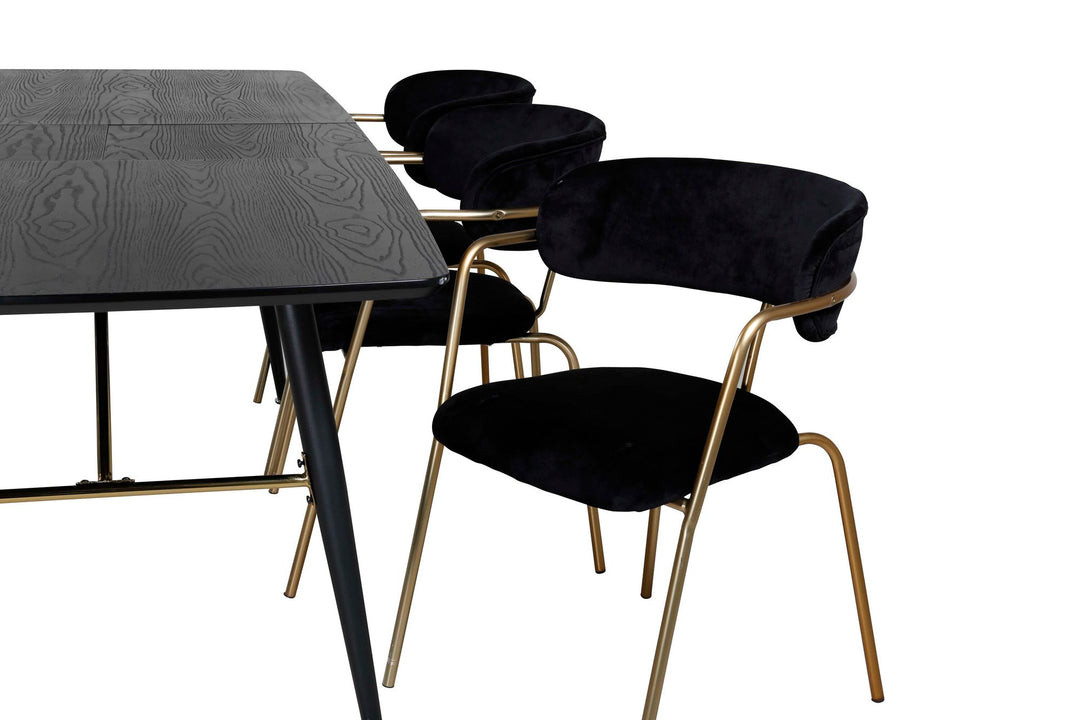 Venture Home Gold Extention table - 180/220*85*H76 Black Veneer - Black legs - Brass details - Arrow armchair - Brass Legs - Black Velvet 6