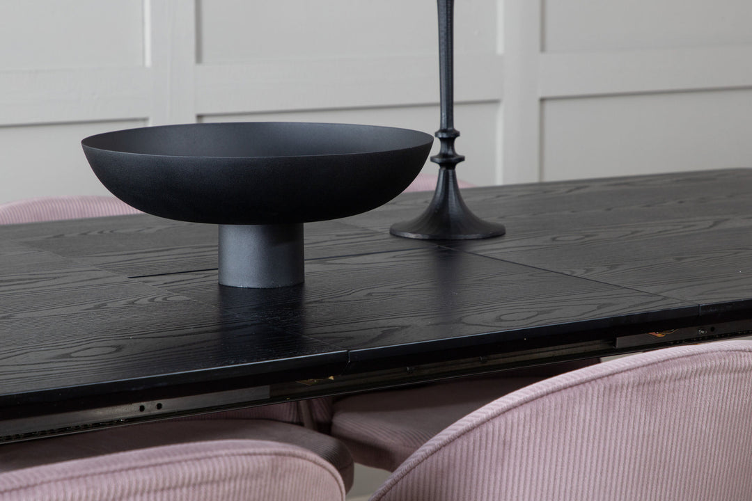 Venture Home Gold Extention table - 180/220*85*H76 Black Veneer - Black legs - Brass details+Velvet Dining Chair Corduroy - Pink / Black_6
