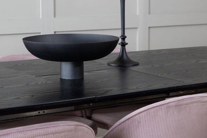 Venture Home Gold Extention table - 180/220*85*H76 Black Veneer - Black legs - Brass details+Velvet Dining Chair Corduroy - Pink / Black_6
