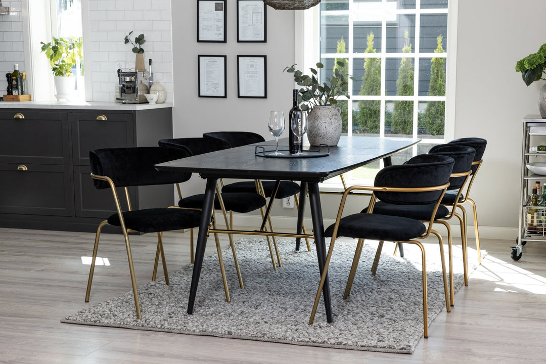 Venture Home Gold Extention table - 180/220*85*H76 Black Veneer - Black legs - Brass details - Arrow armchair - Brass Legs - Black Velvet 6