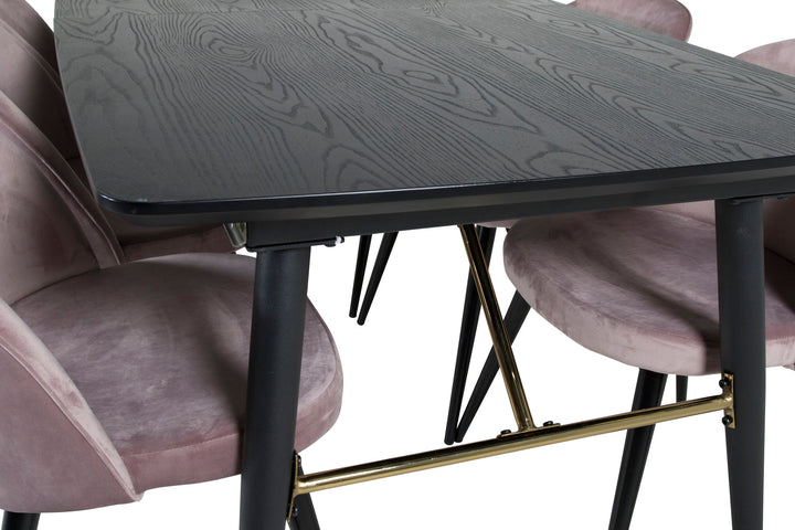 Venture Home Gold Extention table - 180/220*85*H76 Black Veneer - Black legs - Brass details+Velvet Dining Chair - Pink / Black_6