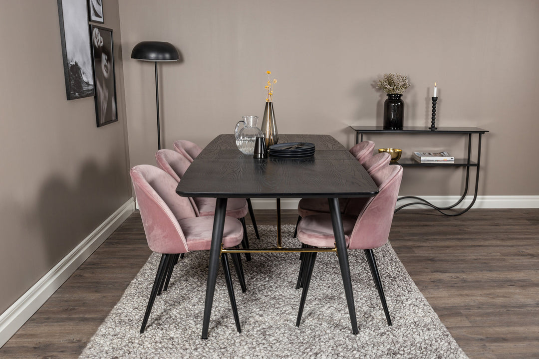 Venture Home Gold Extention table - 180/220*85*H76 Black Veneer - Black legs - Brass details+Velvet Dining Chair - Pink / Black_6