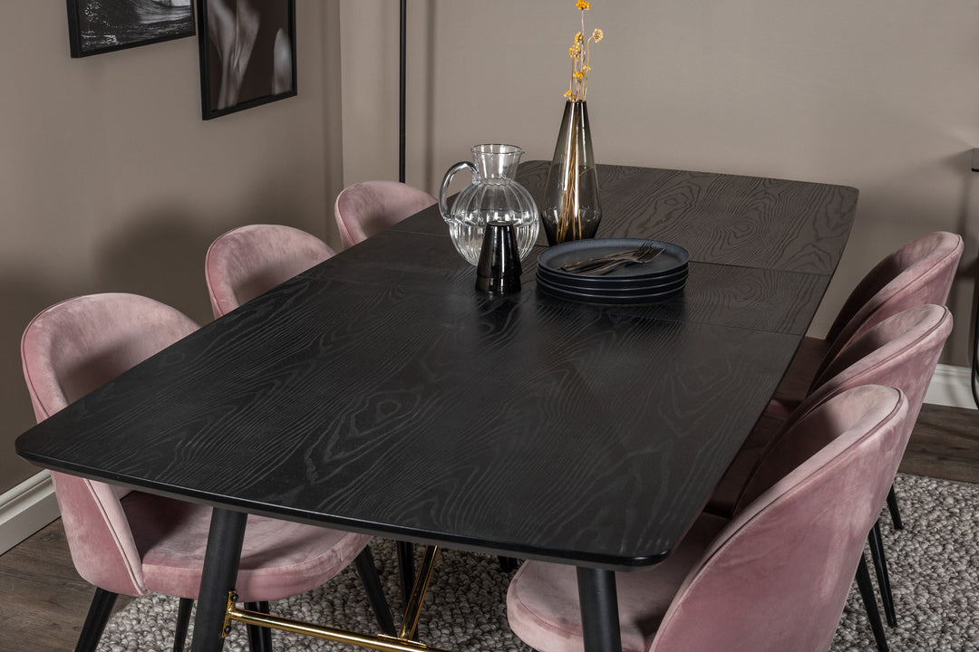 Venture Home Gold Extention table - 180/220*85*H76 Black Veneer - Black legs - Brass details+Velvet Dining Chair - Pink / Black_6
