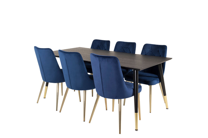 Venture Home Dipp Dining Table - 180*90cm - Black Veneer / black legs w brass dipp - Velvet Deluxe Chair - Blue/Matt Brass Leg 6