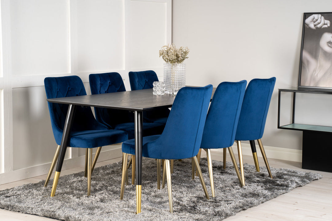 Venture Home Dipp Dining Table - 180*90cm - Black Veneer / black legs w brass dipp - Velvet Deluxe Chair - Blue/Matt Brass Leg 6