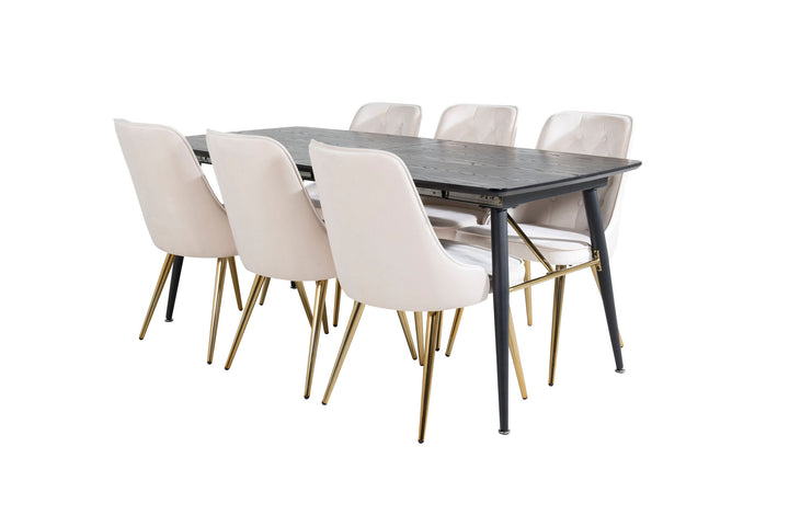 Venture Home Gold Extention table - 180/220*85*H76 Black Veneer - Black legs - Brass details+Velvet Deluxe Dining Chair - Beige / Brass_6