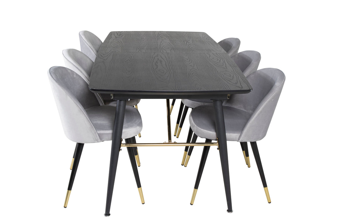 Venture Home Gold Extention table - 180/220*85*H76 Black Veneer - Black legs - Brass details+Velvet Dining Chair Brass - Light Grey / Black_6