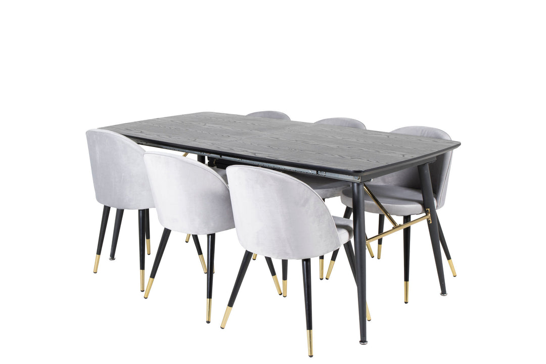 Venture Home Gold Extention table - 180/220*85*H76 Black Veneer - Black legs - Brass details+Velvet Dining Chair Brass - Light Grey / Black_6