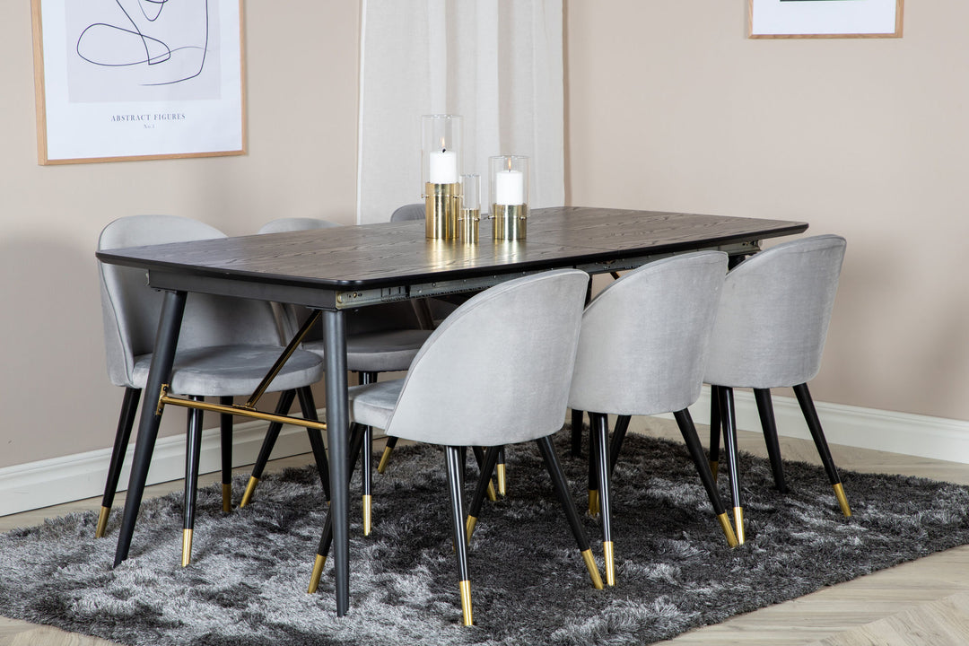 Venture Home Gold Extention table - 180/220*85*H76 Black Veneer - Black legs - Brass details+Velvet Dining Chair Brass - Light Grey / Black_6