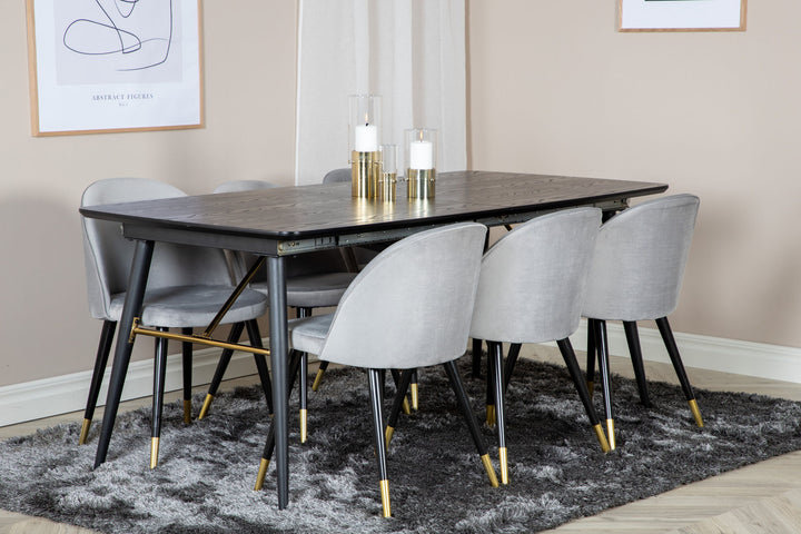 Venture Home Gold Extention table - 180/220*85*H76 Black Veneer - Black legs - Brass details+Velvet Dining Chair Brass - Light Grey / Black_6