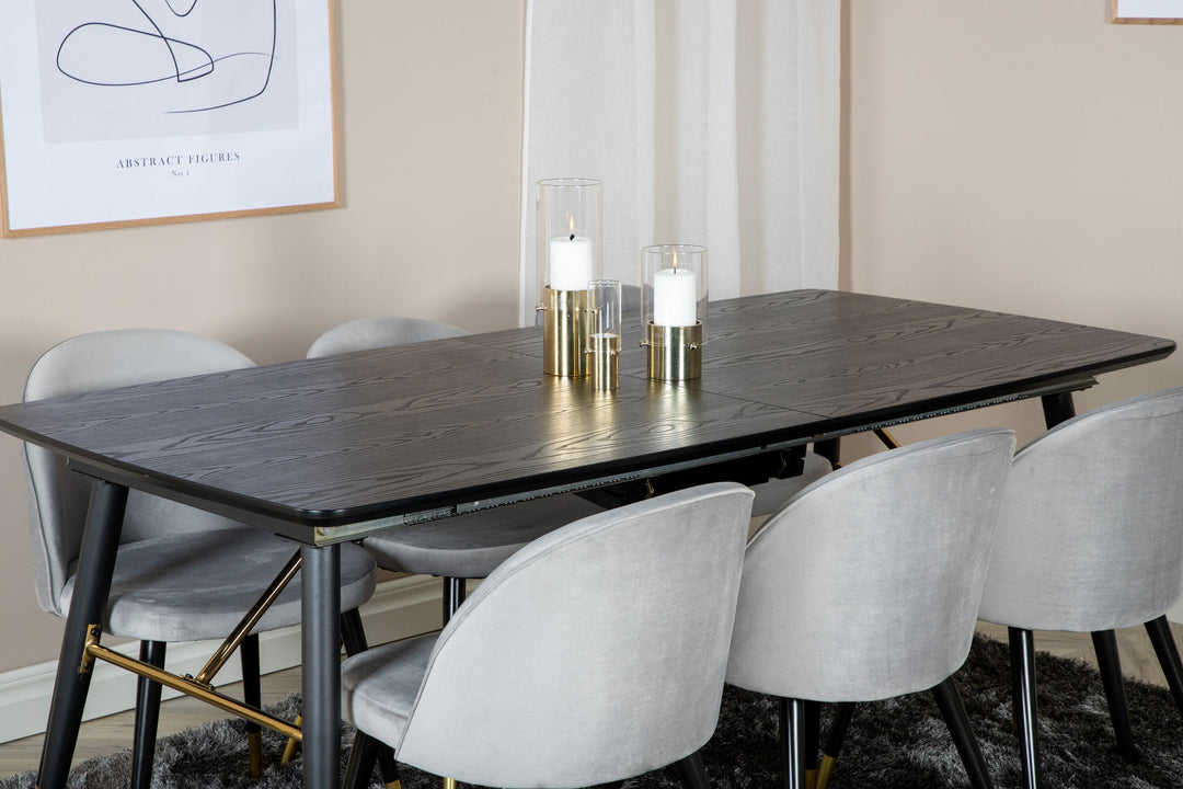 Venture Home Gold Extention table - 180/220*85*H76 Black Veneer - Black legs - Brass details+Velvet Dining Chair Brass - Light Grey / Black_6