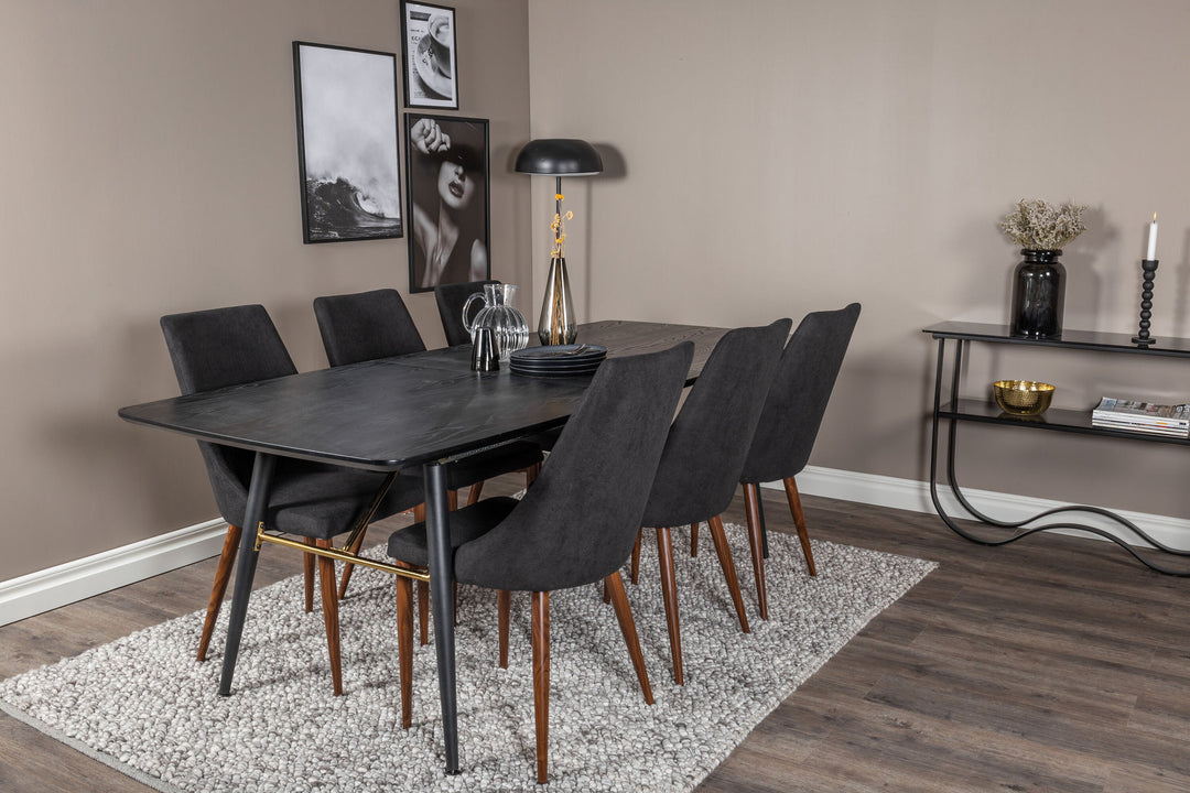 Venture Home Gold Extention table - 180/220*85*H76 Black Veneer - Black legs - Brass details+Leone Dining Chair - Walnut legs - Black Fabric_6