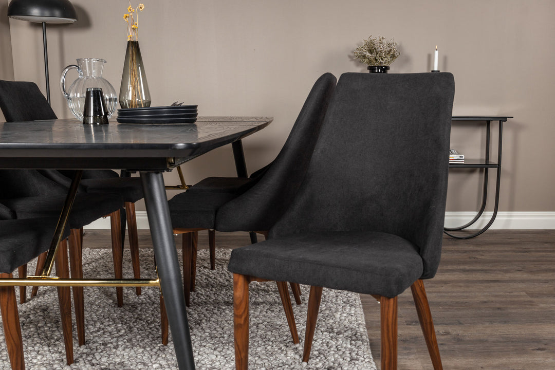 Venture Home Gold Extention table - 180/220*85*H76 Black Veneer - Black legs - Brass details+Leone Dining Chair - Walnut legs - Black Fabric_6