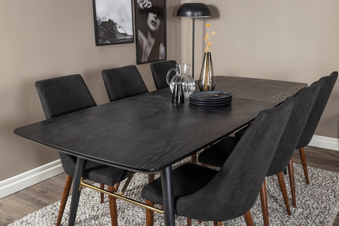 Venture Home Gold Extention table - 180/220*85*H76 Black Veneer - Black legs - Brass details+Leone Dining Chair - Walnut legs - Black Fabric_6