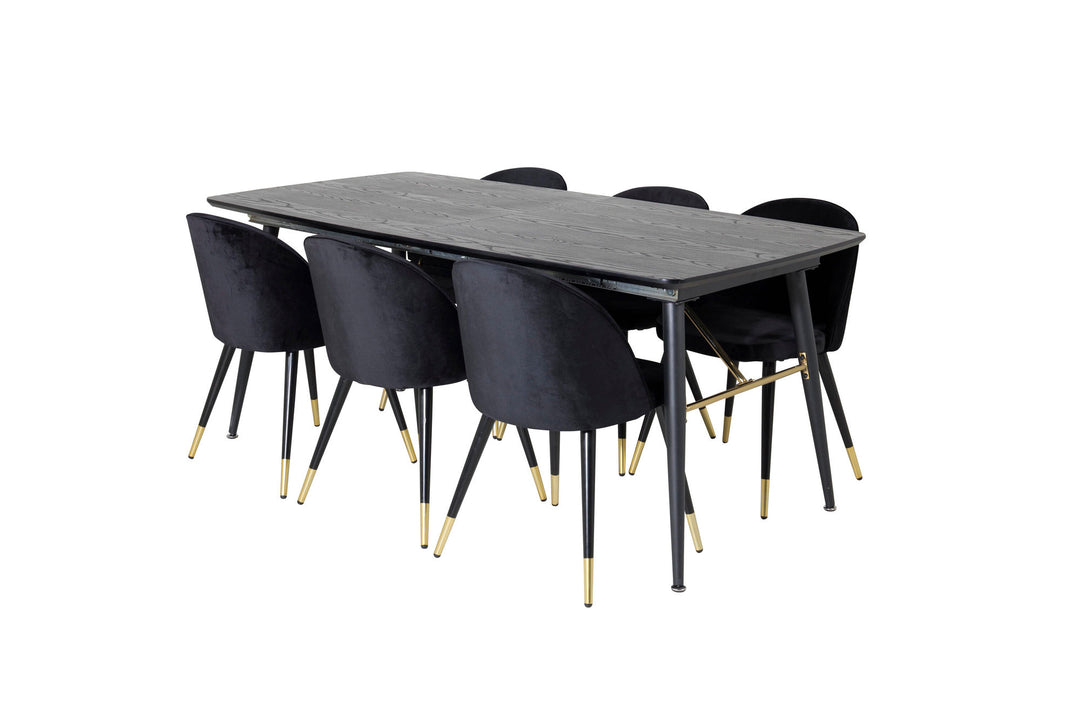 Venture Home Gold Extention table - 180/220*85*H76 Black Veneer - Black legs - Brass details+Velvet Dining Chair Brass - Black / Black_6