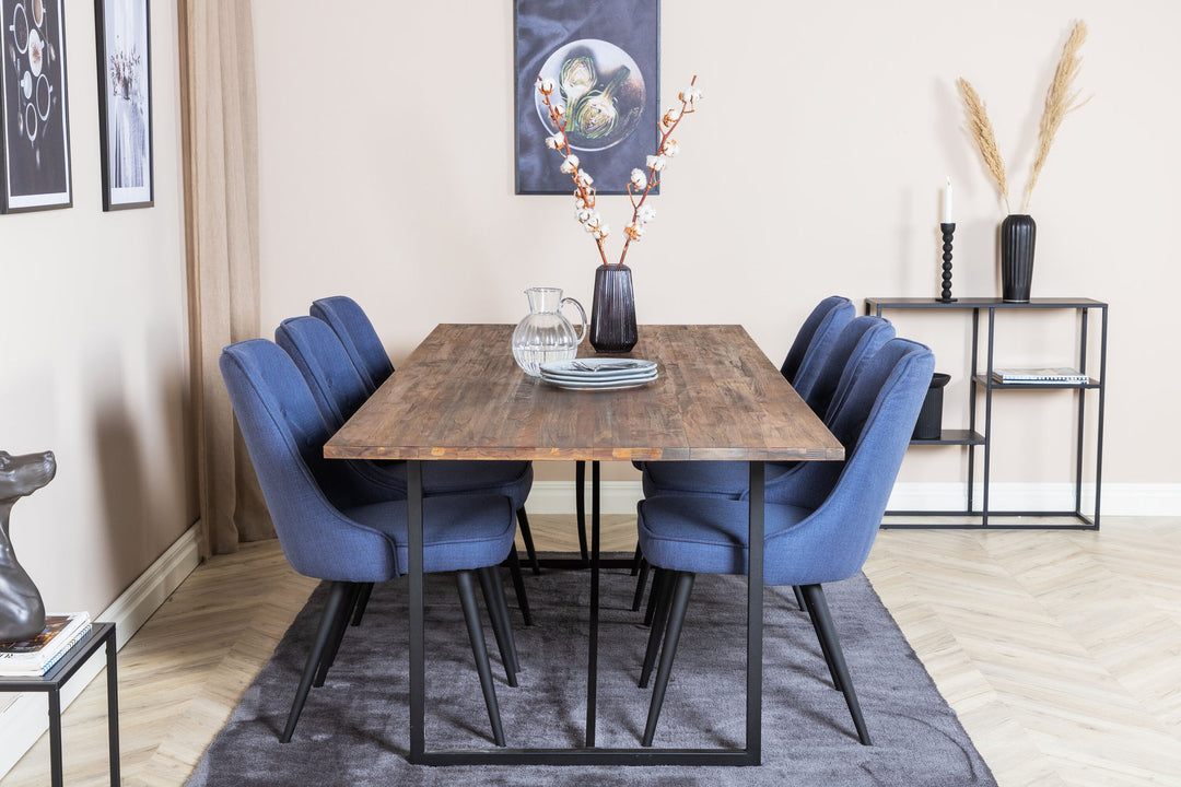 Venture Home Padang Dining Table - 250*100*H76 - Dark Teak / Black+Velvet Deluxe Dining Chair - Black Legs - Blue Fabric_6