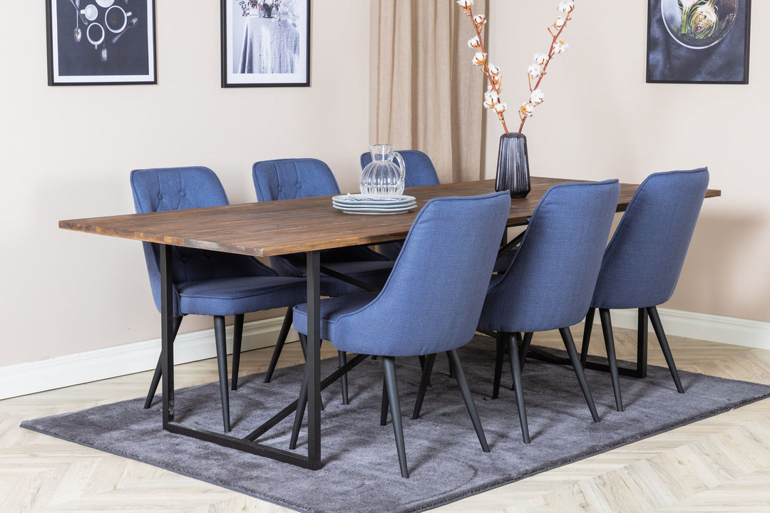 Venture Home Padang Dining Table - 250*100*H76 - Dark Teak / Black+Velvet Deluxe Dining Chair - Black Legs - Blue Fabric_6