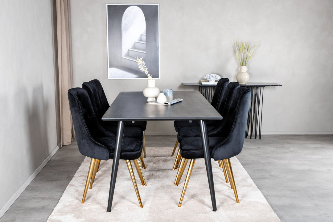 Venture Home Dipp Dining Table - 180*90cm - Black Veneer / all black legs +Velvet Deluxe Dining Chair - Black / Brass_6