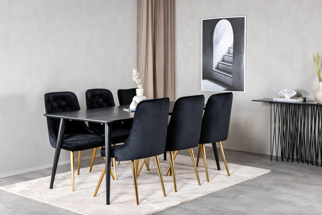 Venture Home Dipp Dining Table - 180*90cm - Black Veneer / all black legs +Velvet Deluxe Dining Chair - Black / Brass_6