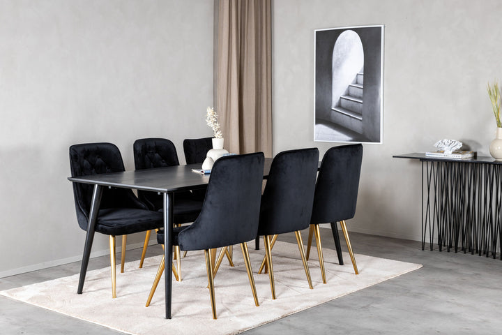 Venture Home Dipp Dining Table - 180*90cm - Black Veneer / all black legs +Velvet Deluxe Dining Chair - Black / Brass_6