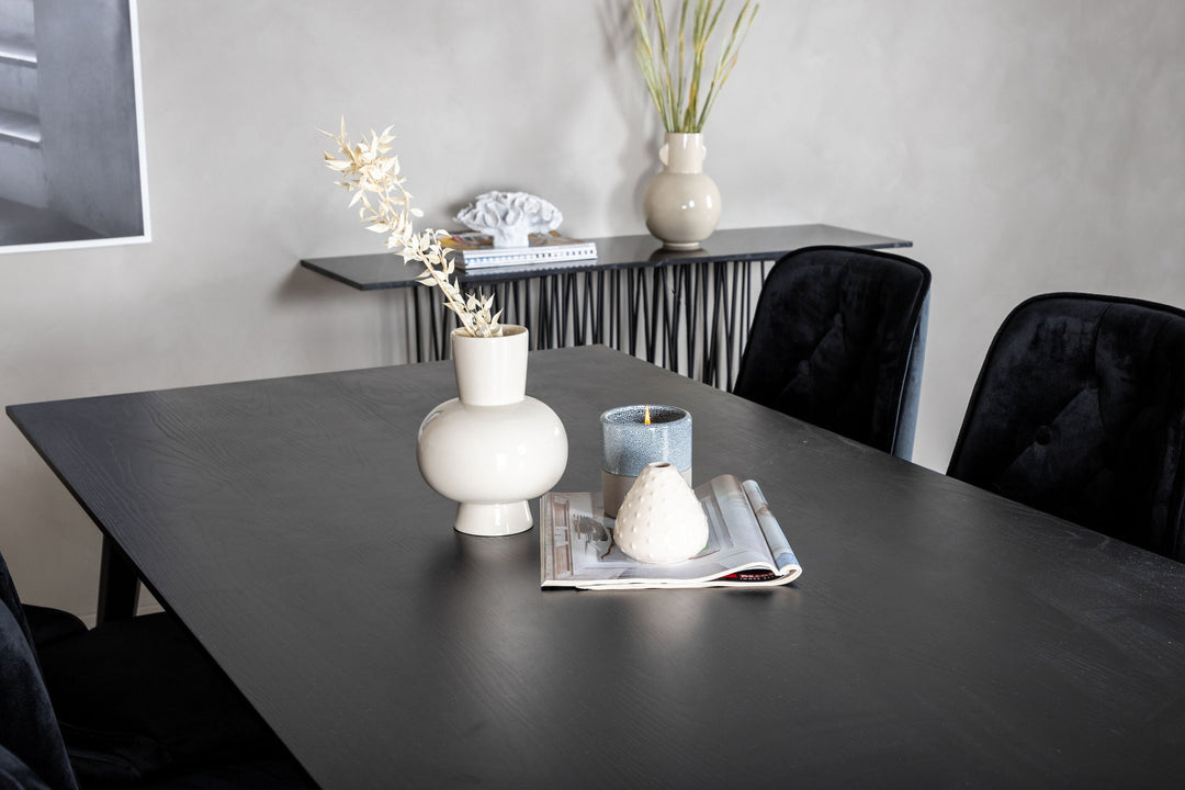 Venture Home Dipp Dining Table - 180*90cm - Black Veneer / all black legs +Velvet Deluxe Dining Chair - Black / Brass_6