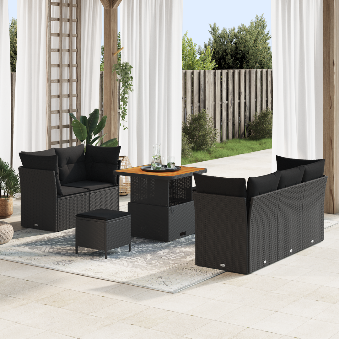 Havesofa Sæt 8 pcs Sort Poly rattan og pulverlakeret stål