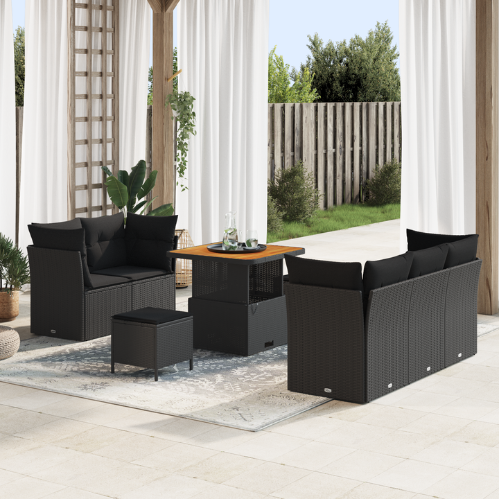 Havesofa Sæt 8 pcs Sort Poly rattan og pulverlakeret stål