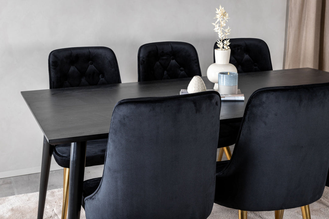 Venture Home Dipp Dining Table - 180*90cm - Black Veneer / all black legs +Velvet Deluxe Dining Chair - Black / Brass_6