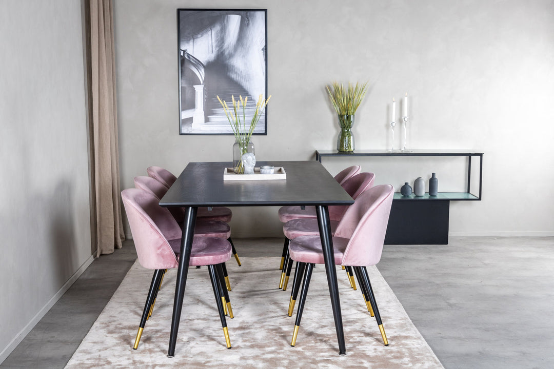 Venture Home Dipp Dining Table - 180*90cm - Black Veneer / all black legs +Velvet Dining Chair Brass - Pink / Black_6