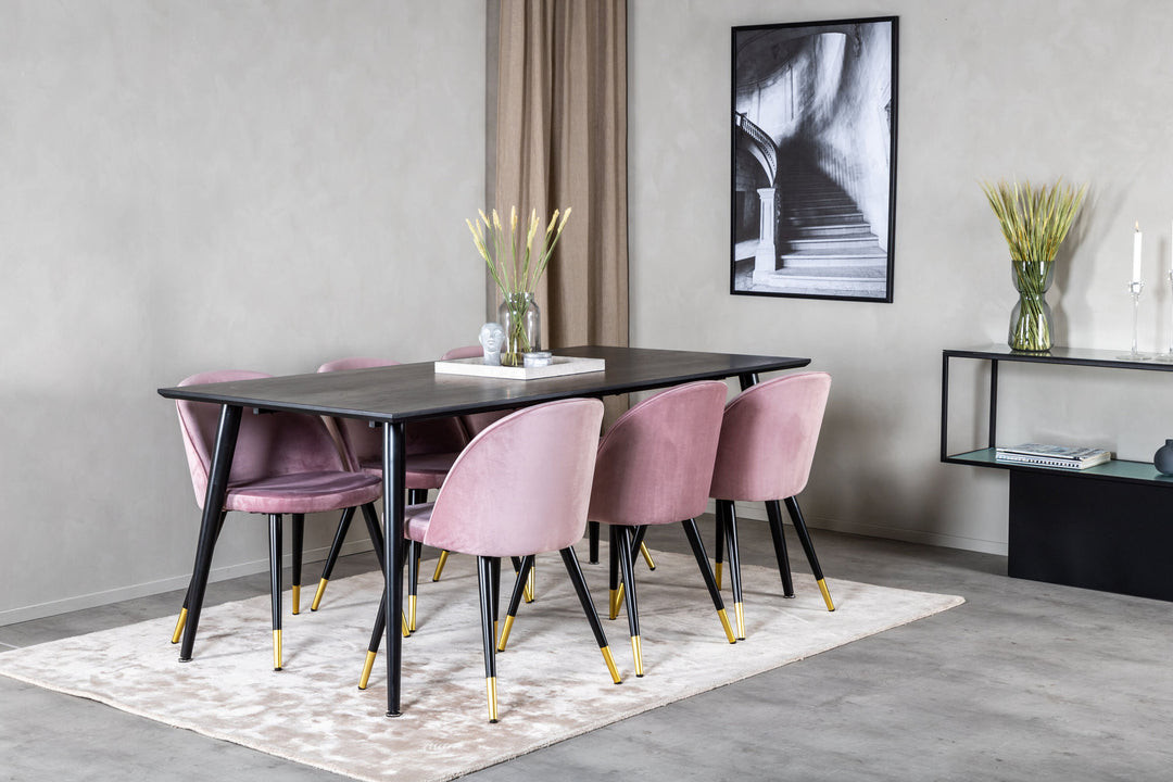 Venture Home Dipp Dining Table - 180*90cm - Black Veneer / all black legs +Velvet Dining Chair Brass - Pink / Black_6