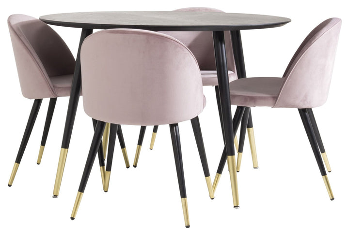 Venture Home Dipp Dining Table - 115cm - Black Veneer / black legs w brass dipp - Velvet Dining Chair Brass - Pink / Black 4