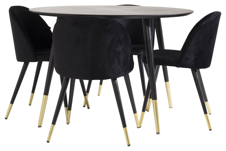 Venture Home Dipp Dining Table - 115cm - Black Veneer / black legs w brass dipp - Velvet Dining Chair Brass - Black / Black 4