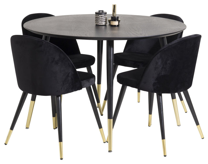 Venture Home Dipp Dining Table - 115cm - Black Veneer / black legs w brass dipp - Velvet Dining Chair Brass - Black / Black 4