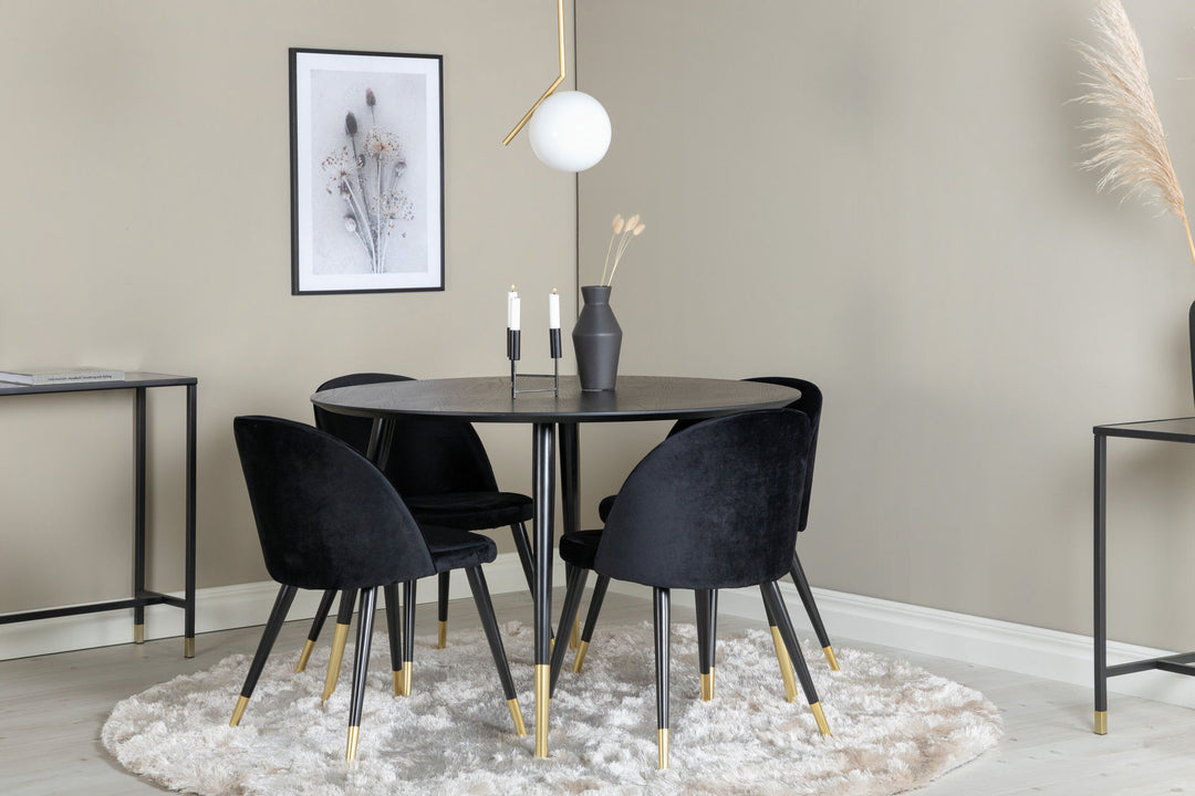 Venture Home Dipp Dining Table - 115cm - Black Veneer / black legs w brass dipp - Velvet Dining Chair Brass - Black / Black 4