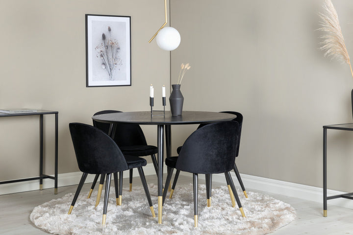 Venture Home Dipp Dining Table - 115cm - Black Veneer / black legs w brass dipp - Velvet Dining Chair Brass - Black / Black 4
