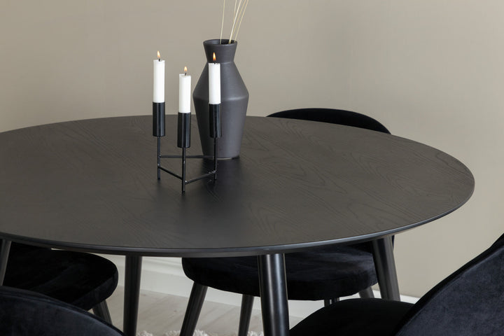 Venture Home Dipp Dining Table - 115cm - Black Veneer / black legs w brass dipp - Velvet Dining Chair Brass - Black / Black 4
