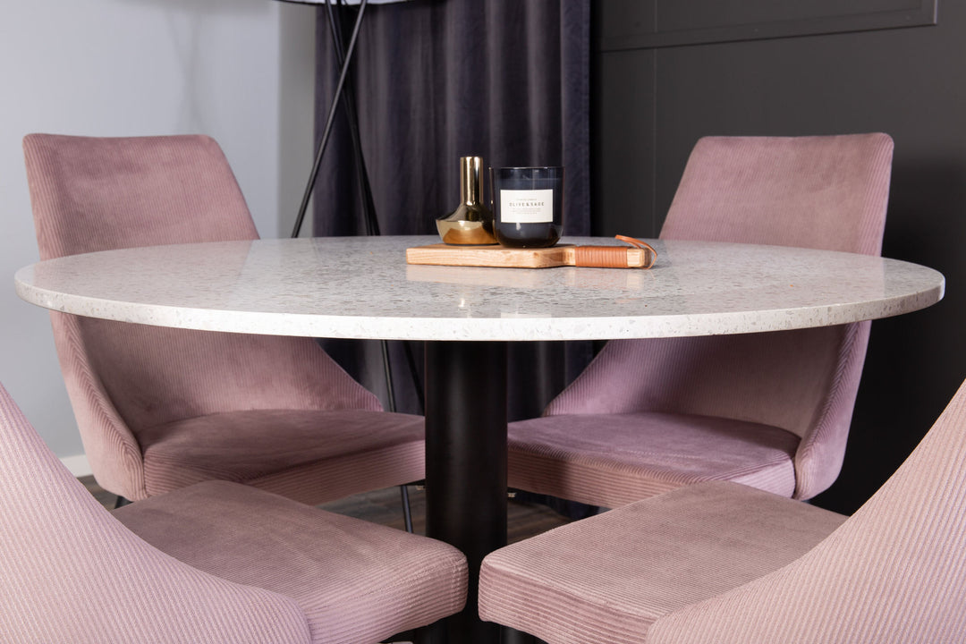 Venture Home Razzia Dining Table 106cm -White Terazzo / Black +Leone Dining Chair - Black Legs / Dusty PinkCorduroy _4