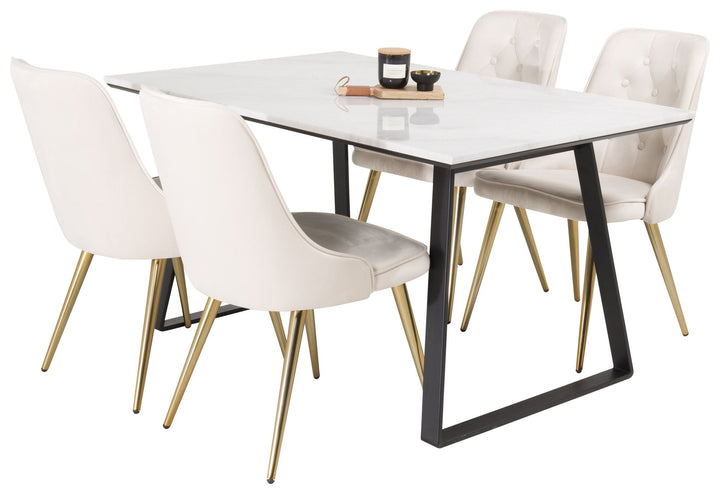 Venture Home Estelle Dining Table 140*90 - White Marble / Black Legs + Velvet Deluxe Dining C