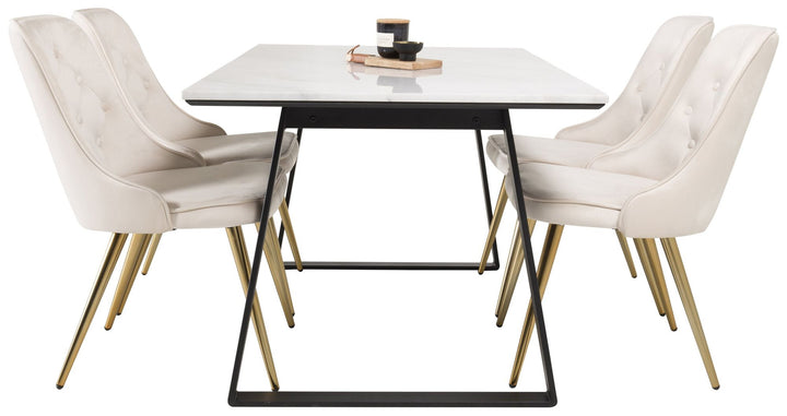 Venture Home Estelle Dining Table 140*90 - White Marble / Black Legs + Velvet Deluxe Dining C