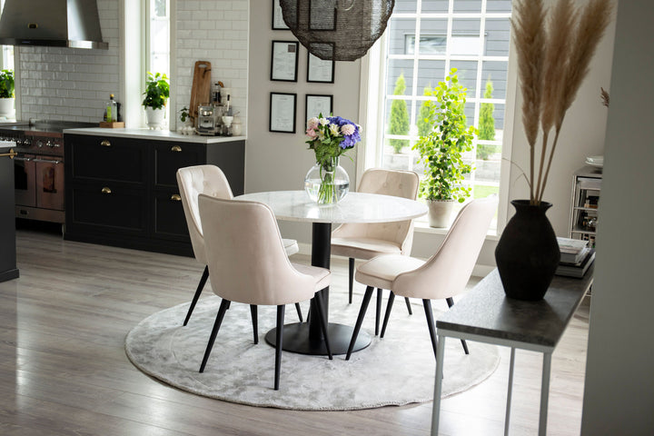 Venture Home Razzia Dining Table 106cm -White Terazzo / Black - Velvet Deluxe Dining Chair - Black legs / Beige velvet 4